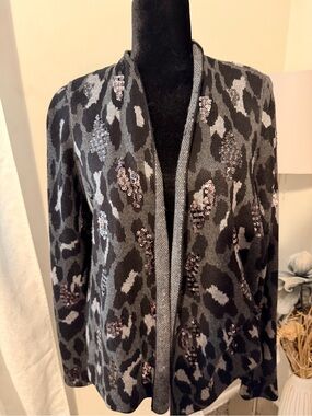 Chico's Black and Gray Sequin Leopard Cardigan Sweater